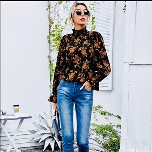 Floral Flounce Sleeve Shirred Neck Top